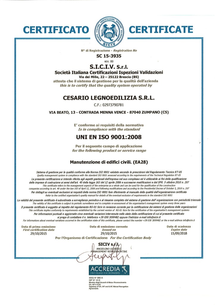 CERTIFICATO ISO - 2015